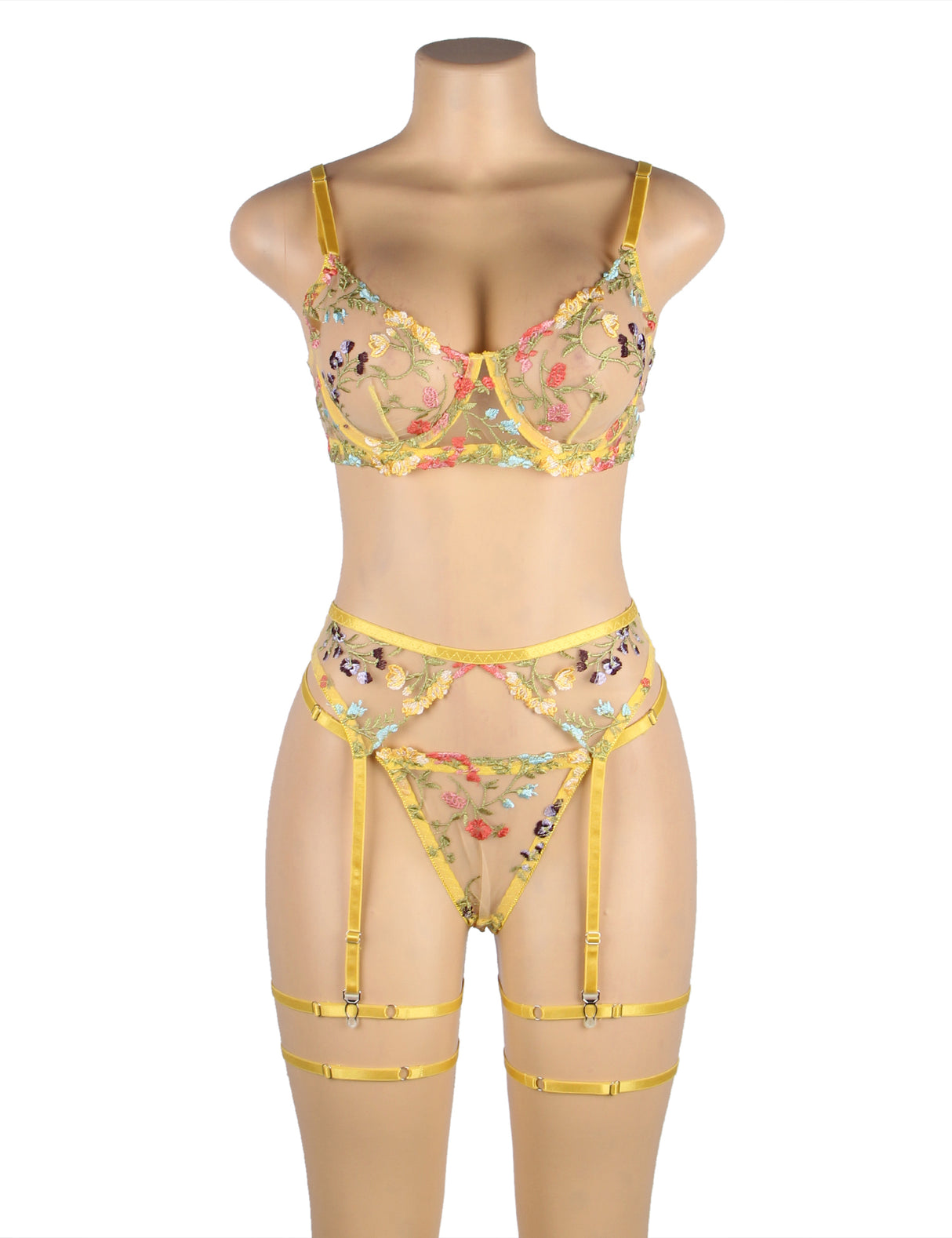 Floral Embroidery Underwire Garter Lingerie Set (R81209-1)