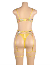 Floral Embroidery Underwire Garter Lingerie Set (R81209-1)